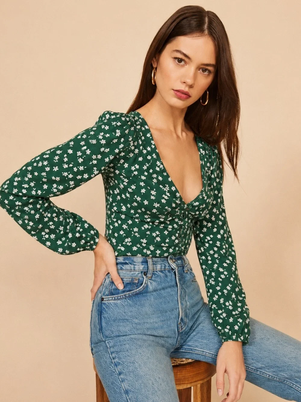 Reformation Nell Top Annette Green Floral Puff Sleeve Blouse S